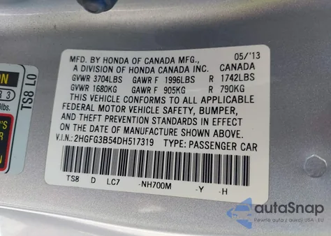 2013 Honda Civic Lx z USA, uszkodzony, nr VIN 2HGFG3B54DH517319